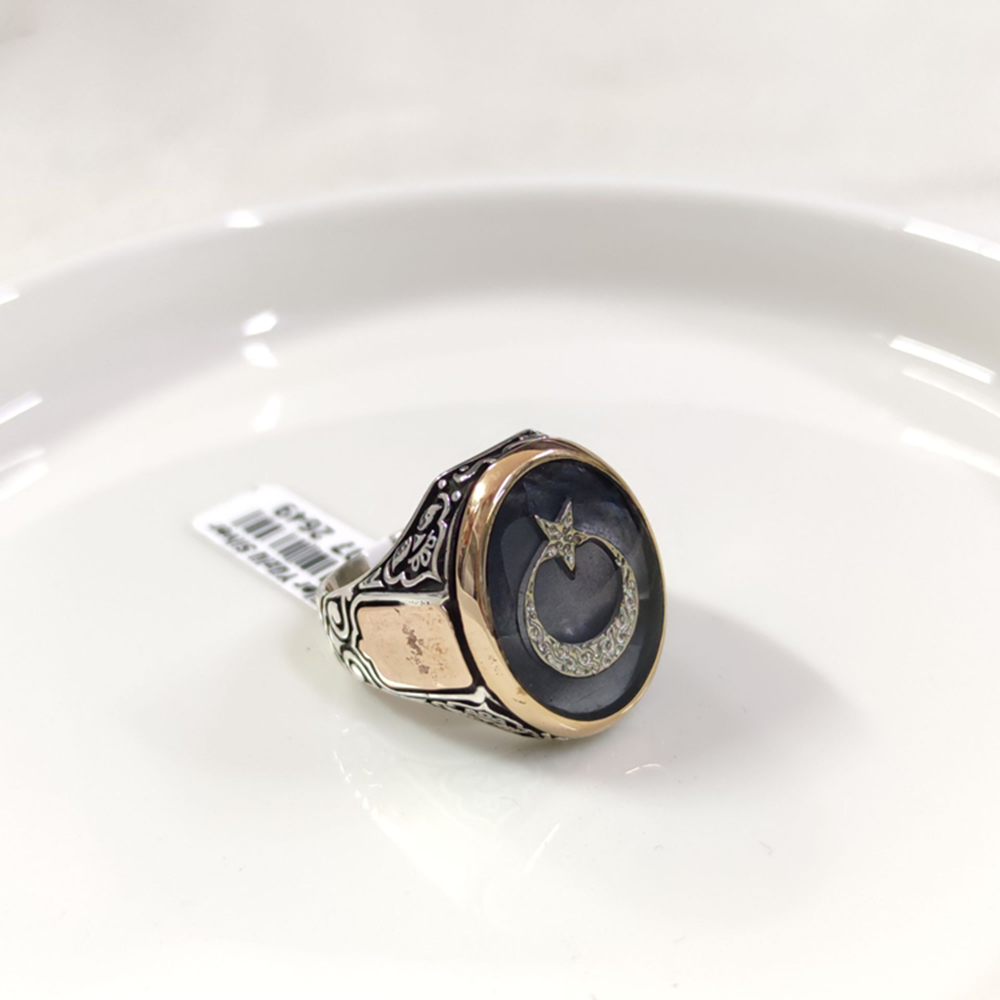 OVAL SİYAH DETAY AY YILDIZ GÜMÜŞ ERKEK YÜZÜK
