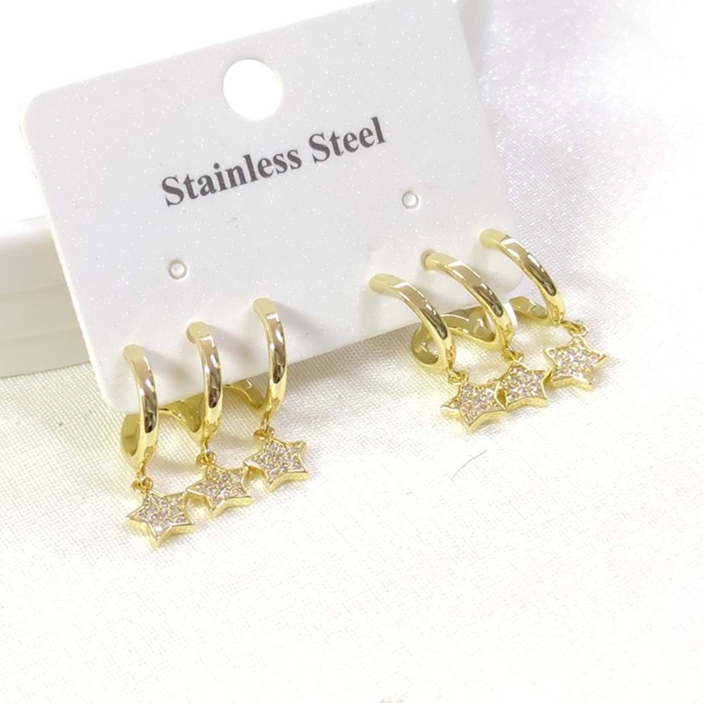 ÇELİK ÜÇ GÖRÜNÜMLÜ YILDIZ KÜPE - ALTIN SARI