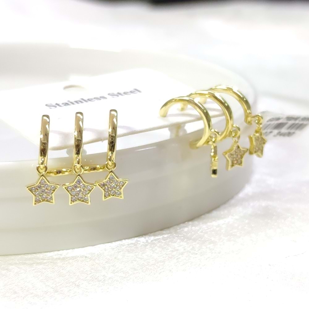 ÇELİK ÜÇ GÖRÜNÜMLÜ YILDIZ KÜPE - ALTIN SARI