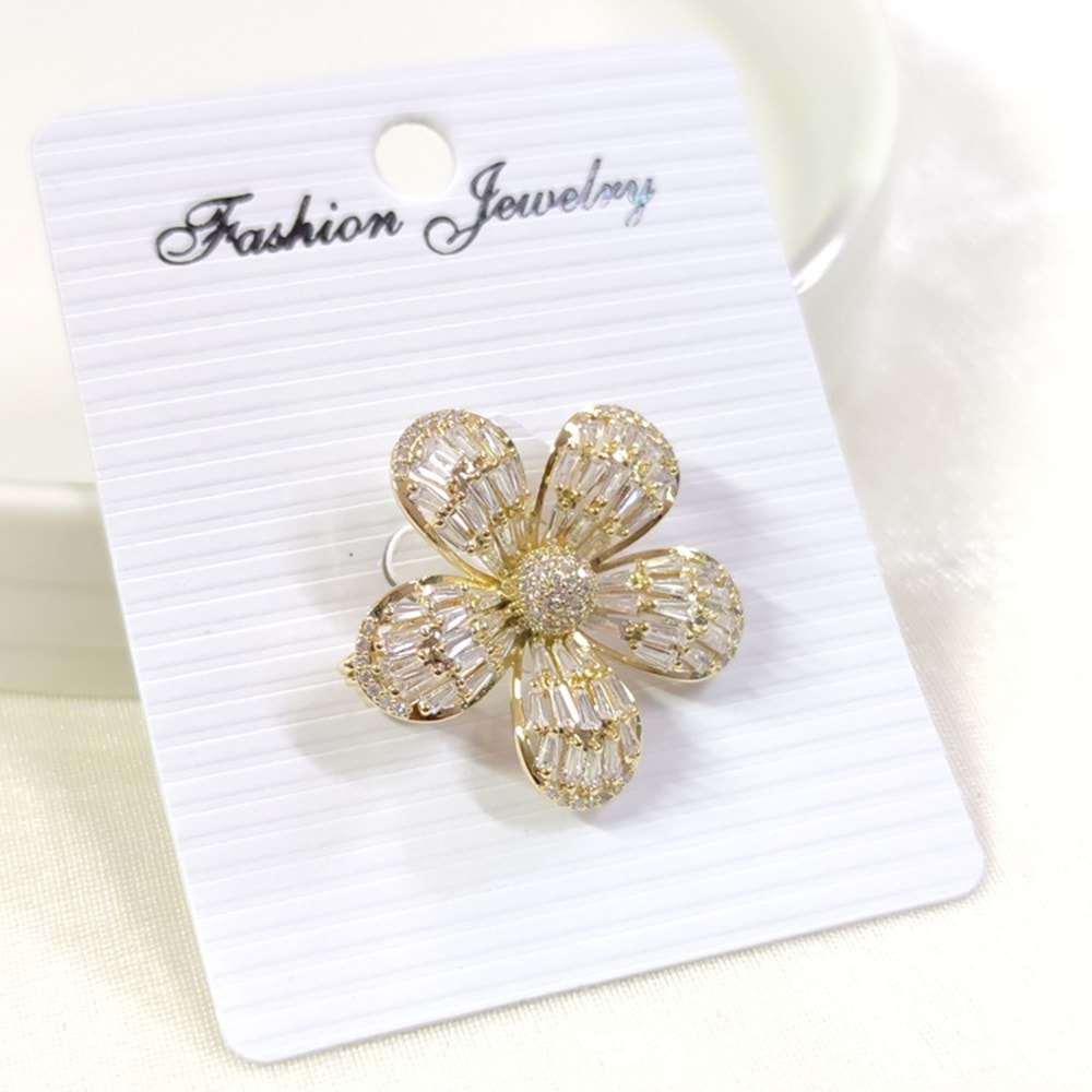 BAGET TAŞLI BOMBELİ ÇİÇEK BROŞ 3 CM - ALTIN SARI