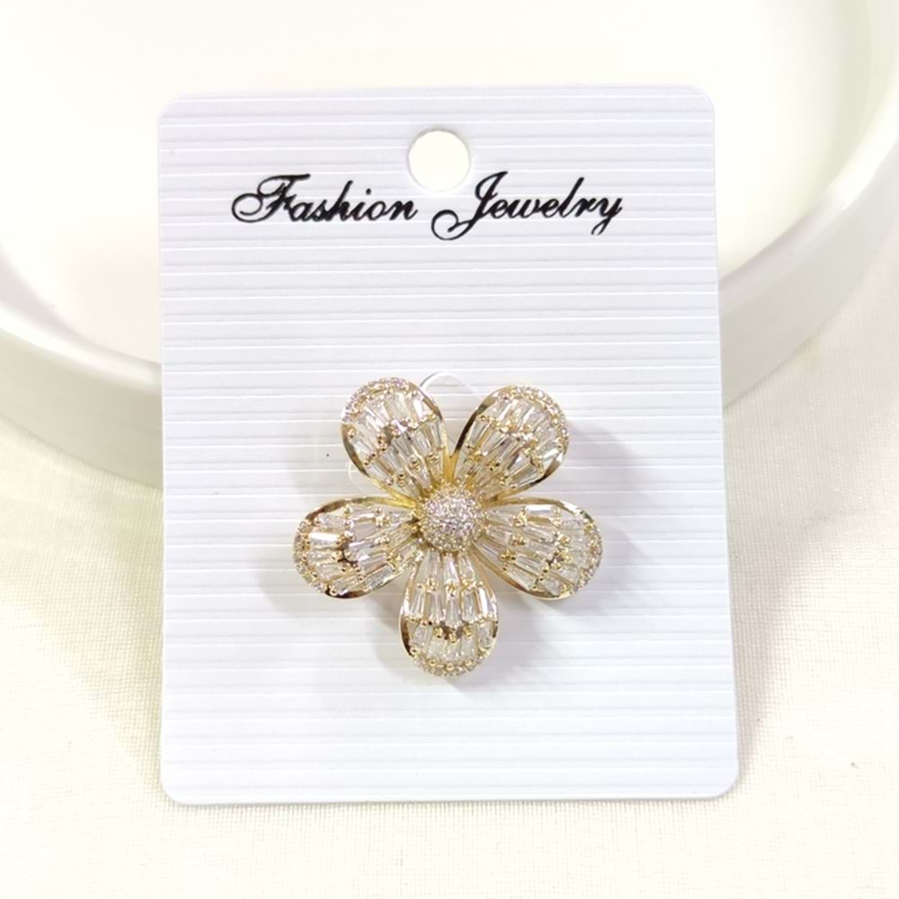 BAGET TAŞLI BOMBELİ ÇİÇEK BROŞ 3 CM - ALTIN SARI