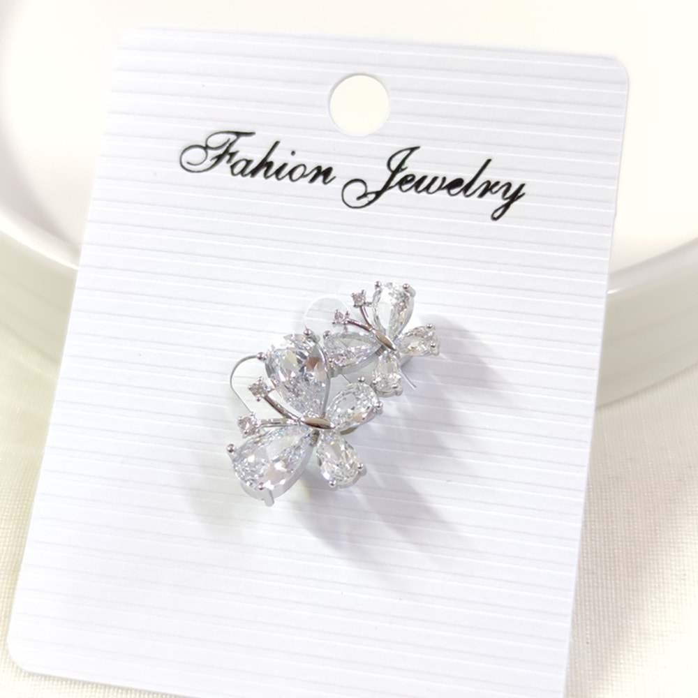 TAŞLI İKİLİ KELEBEK BROŞ 2 CM - BEYAZ