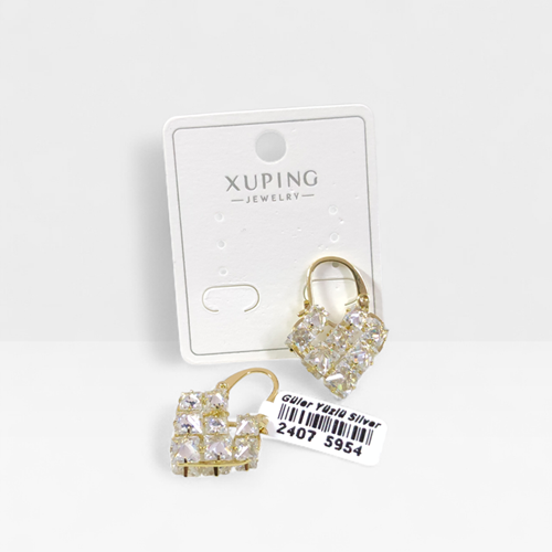 XUPING 2 CM ÇANTA TAŞLI KALP HALKA KÜPE GOLD