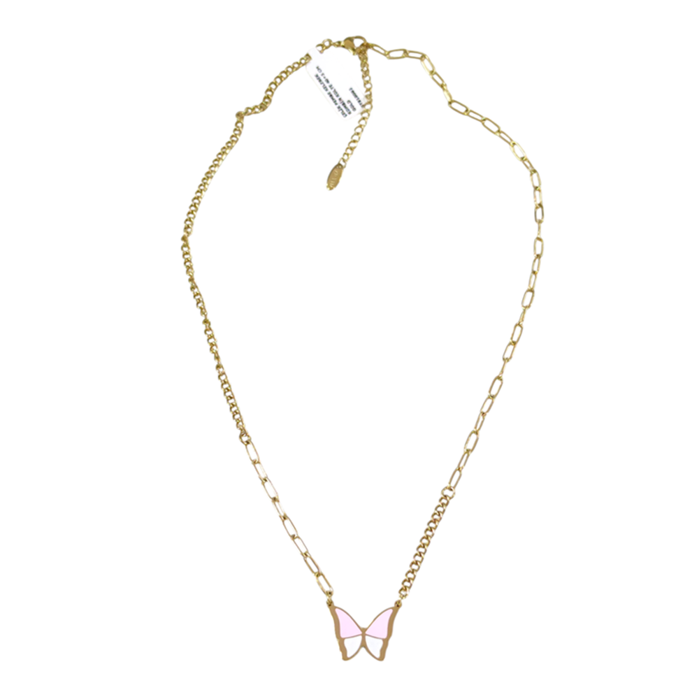 ÇELİK PEMBE KELEBEK KOMBİN KOLYE 40+5 CM GOLD