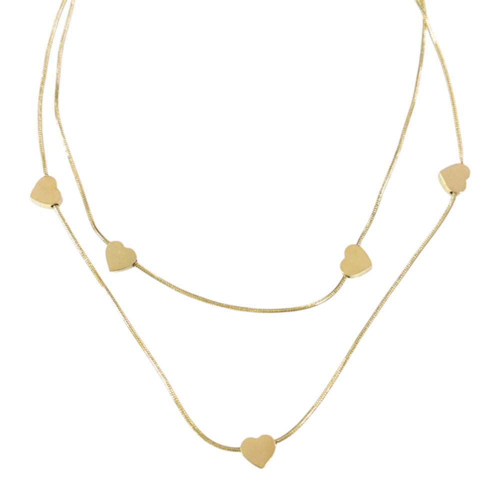 ÇELİK İKİ SIRA KALP KOMBİN KOLYE GOLD
