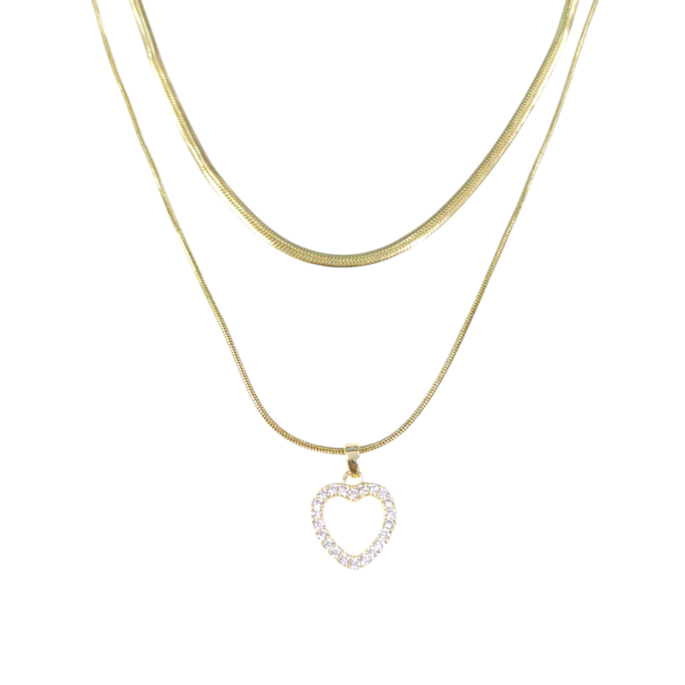 ÇELİK TAŞLI KALP KOMBİN KOLYE GOLD