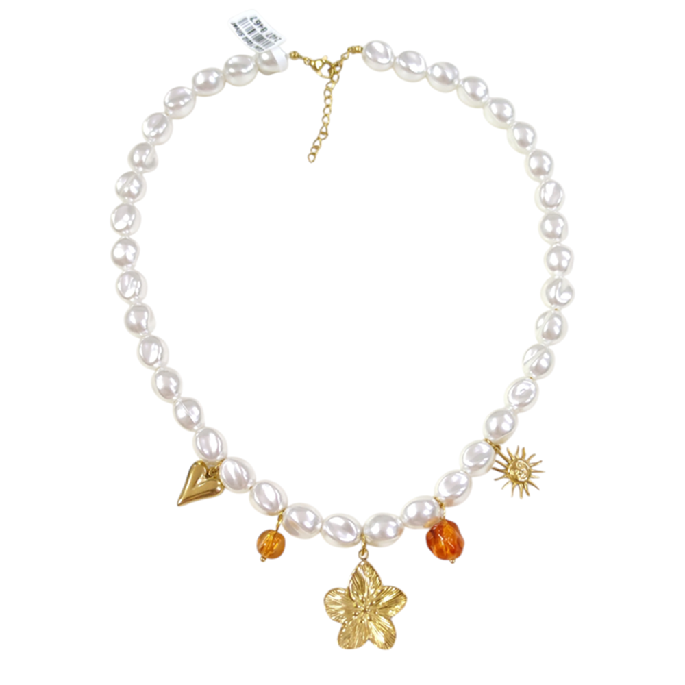 ÇELİK İNCİLİ ÇİÇEK KOLYE 40+5 CM GOLD