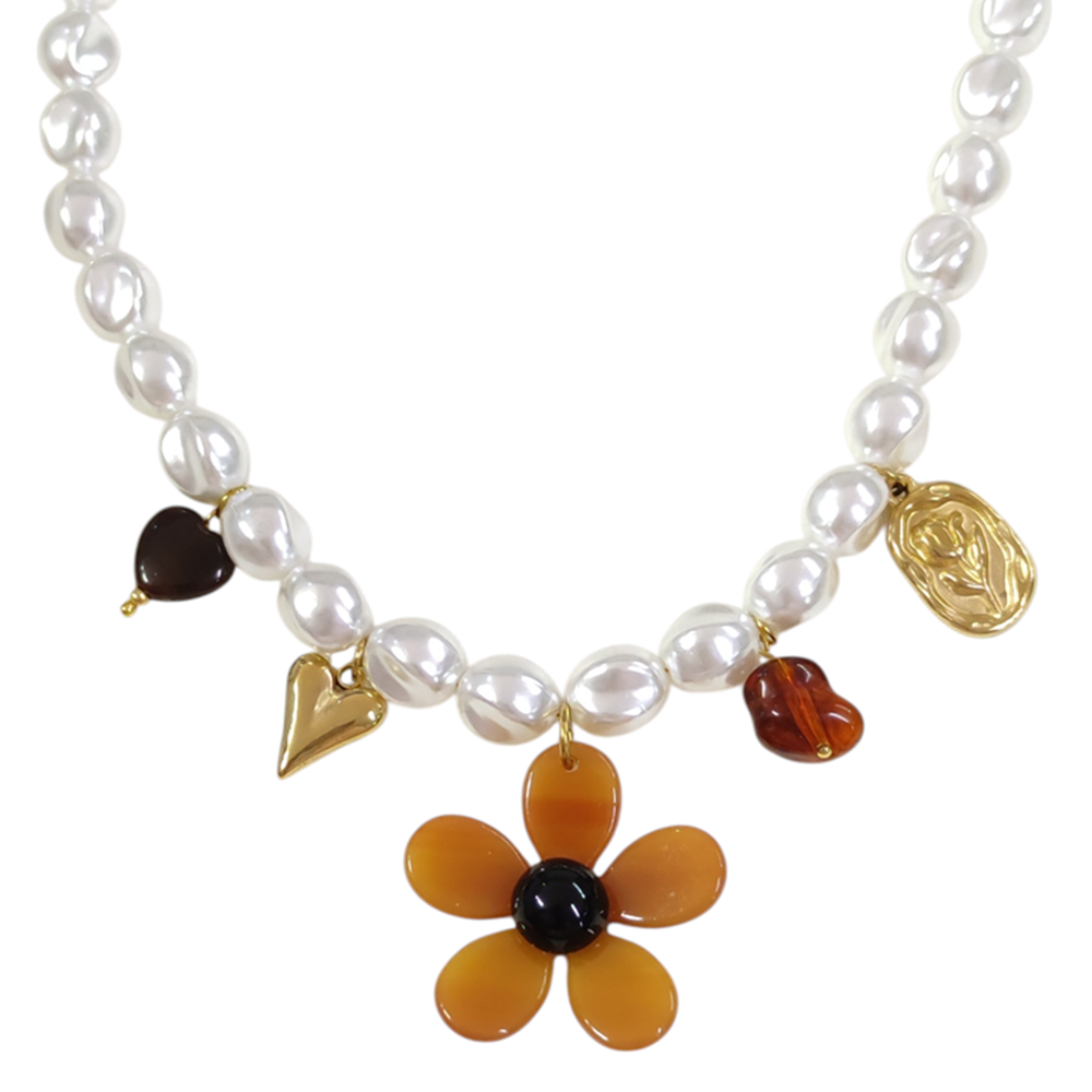 ÇELİK İNCİLİ PAPATYA KOLYE 40+5 CM GOLD