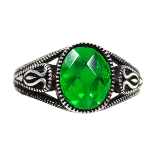 OVAL KÜÇÜK YEŞİL TAŞLI GÜMÜŞ ERKEK YÜZÜK